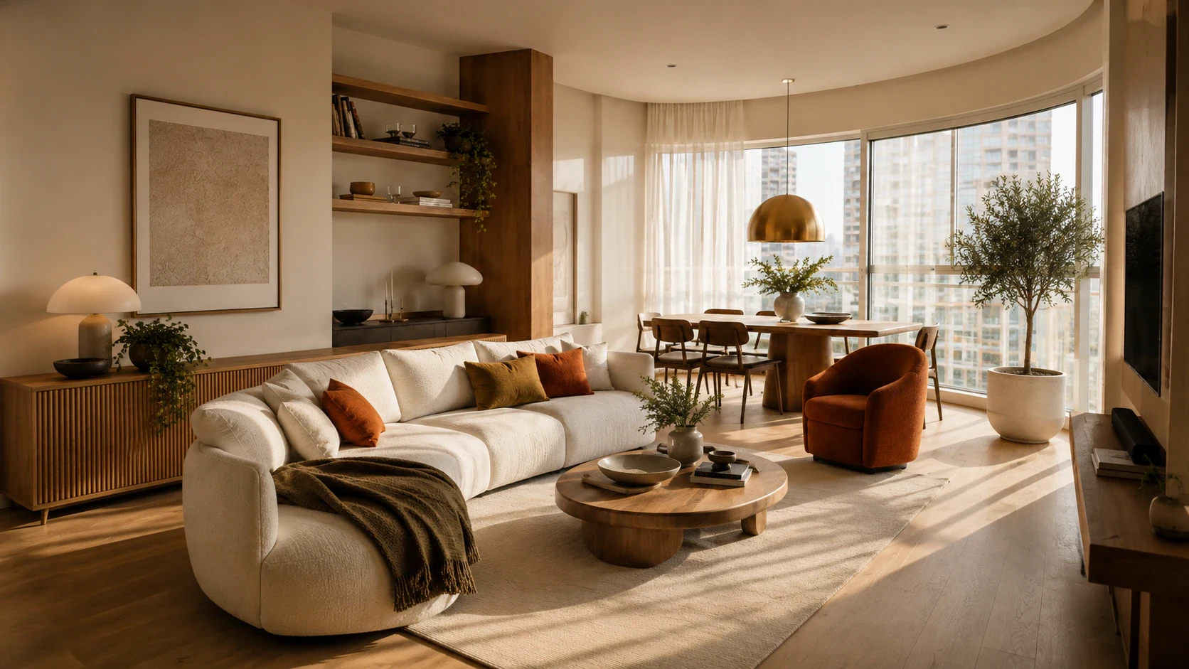Salon w stylu soft eklektyzm zaprojektowany przez June Project