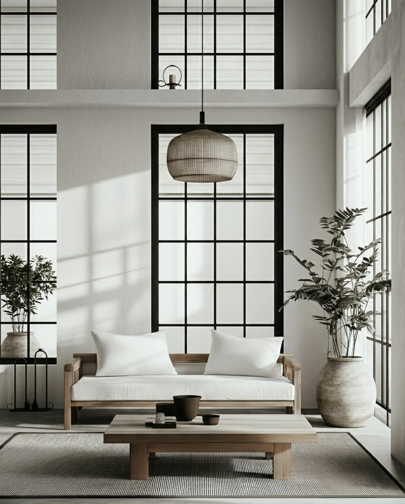 Nowoczesna strefa dzienna w stylu japandi zaprojektowana przez June Project